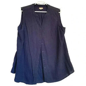 Weatherproof linen blend, sleeveless, button up navy blue tunic NWOT